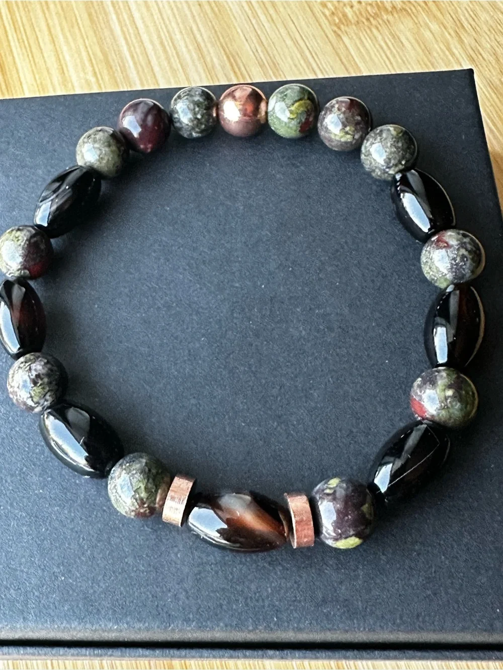 Men’s Dragon Blood Jasper Black Onyx Solid Copper Bracelet 7.5”